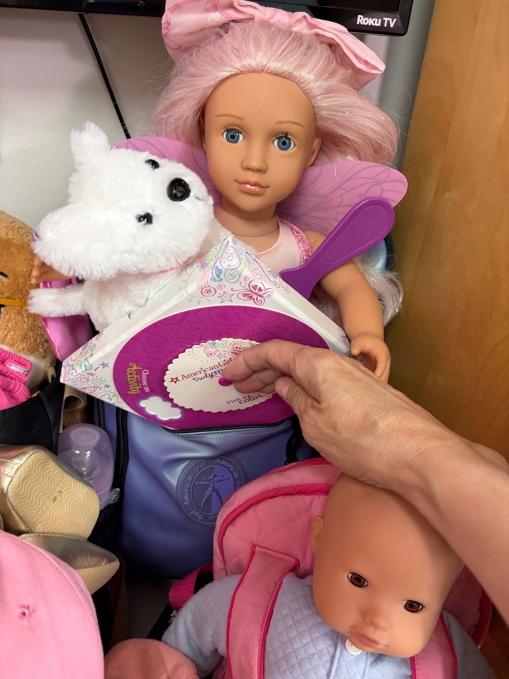 AMERICAN GIRL DOLL BACKPACK w/FAIRY DOLL, AG GAME, DOG & MORE!